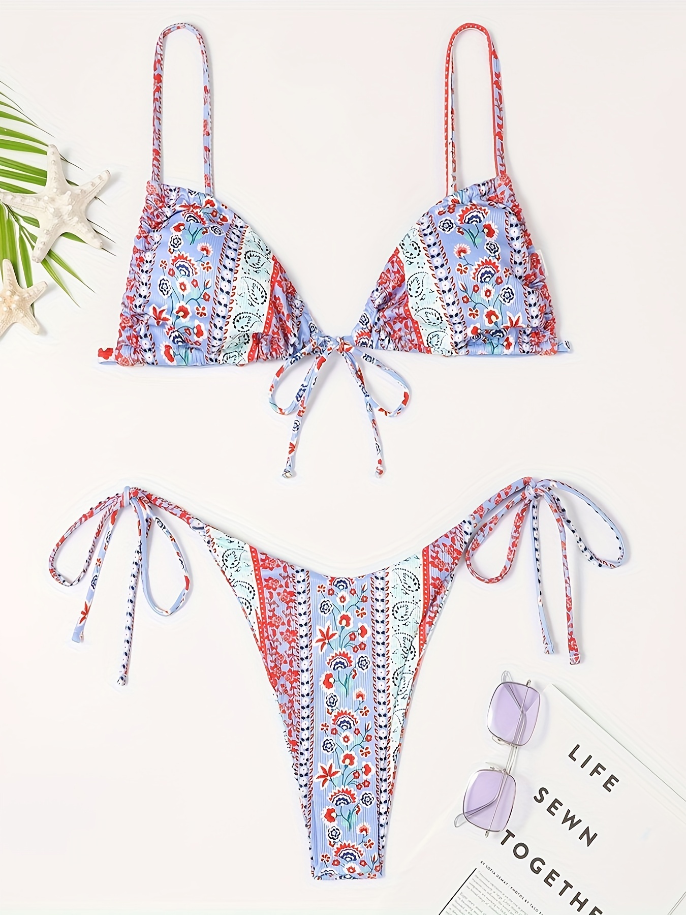 Tie Side Floral Print Spaghetti Strap Bikini High Cut Temu Australia