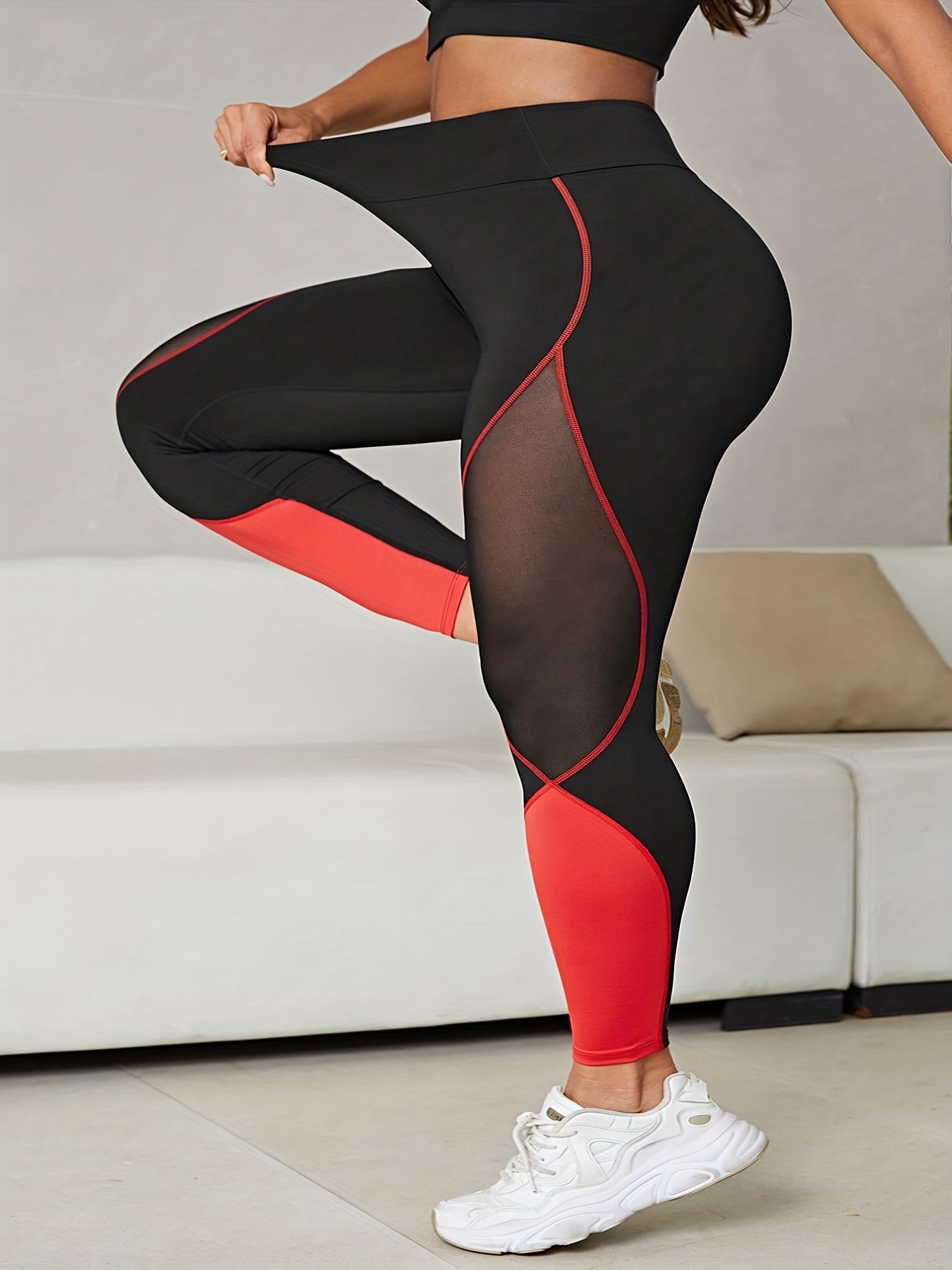 Plus Size Sports Leggings, Women's Plus Solid Pipping Contrast Mesh High *  Medium Stretch Skinny Leggings With Phone Pocket