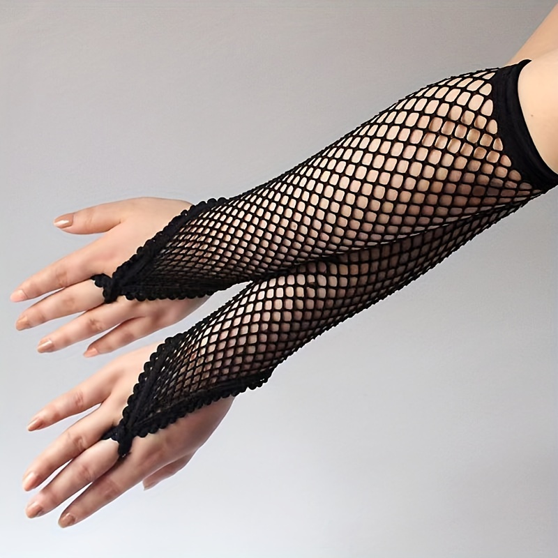 Lace Hollow Fishnet Gloves Black Hook Finger Gloves Elastic - Temu