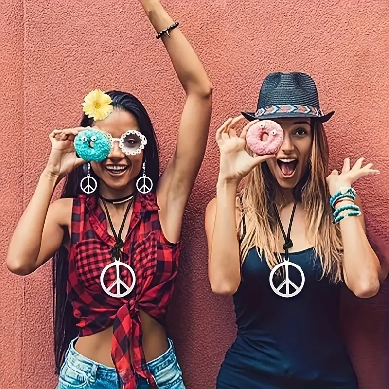 Women Hippie Costume Set Accessories Peace Logo Necklace