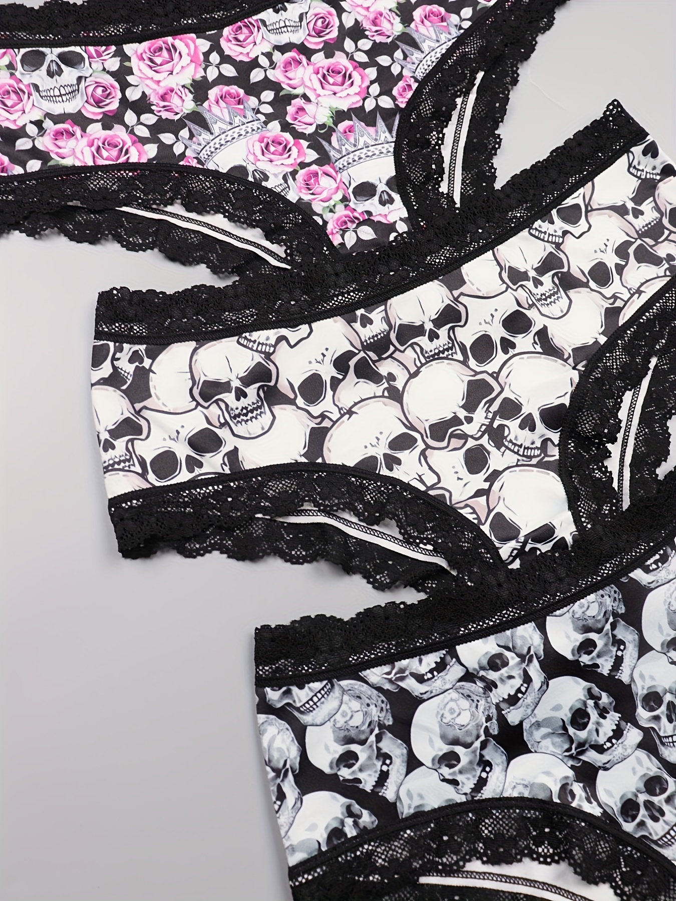 ROMWE Goth 3pcs/Set Women'S Spider Skull Head Printed Floral Lace Trim  Thong Underwear
