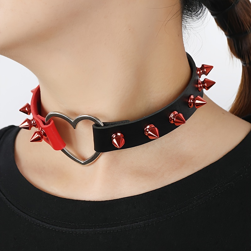 Women Girls Choker Collar Necklace Ring PU Leather Heart Charm Gothic Punk  Black