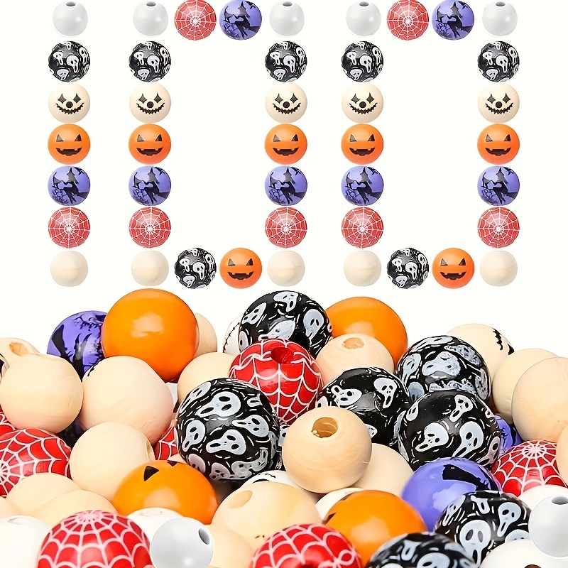 100pcs Halloween Wooden Beads Scary Face Skull Spider Ghost Beads