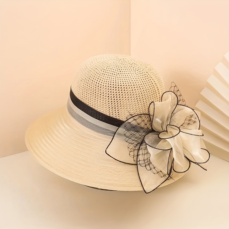 Flower Decor Organza Sun Hat Stitching Derby Hat Hollow - Temu Canada