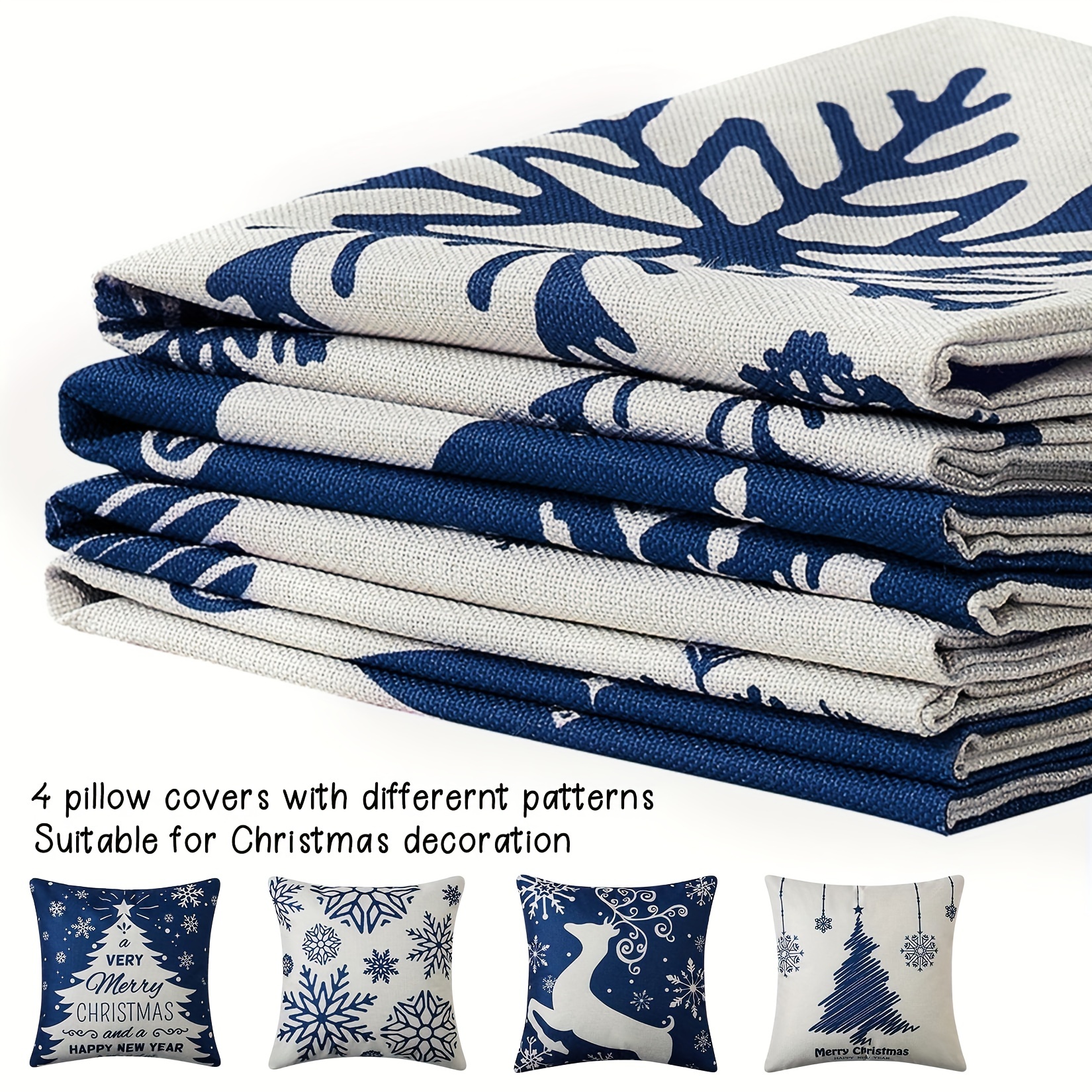 Enlightened 4pcs Blue Christmas Linen Hockey Pillow Set Explosion Models  for Living Room Bedroom Sofa Cushion Pillow Covers New Year Gifts 