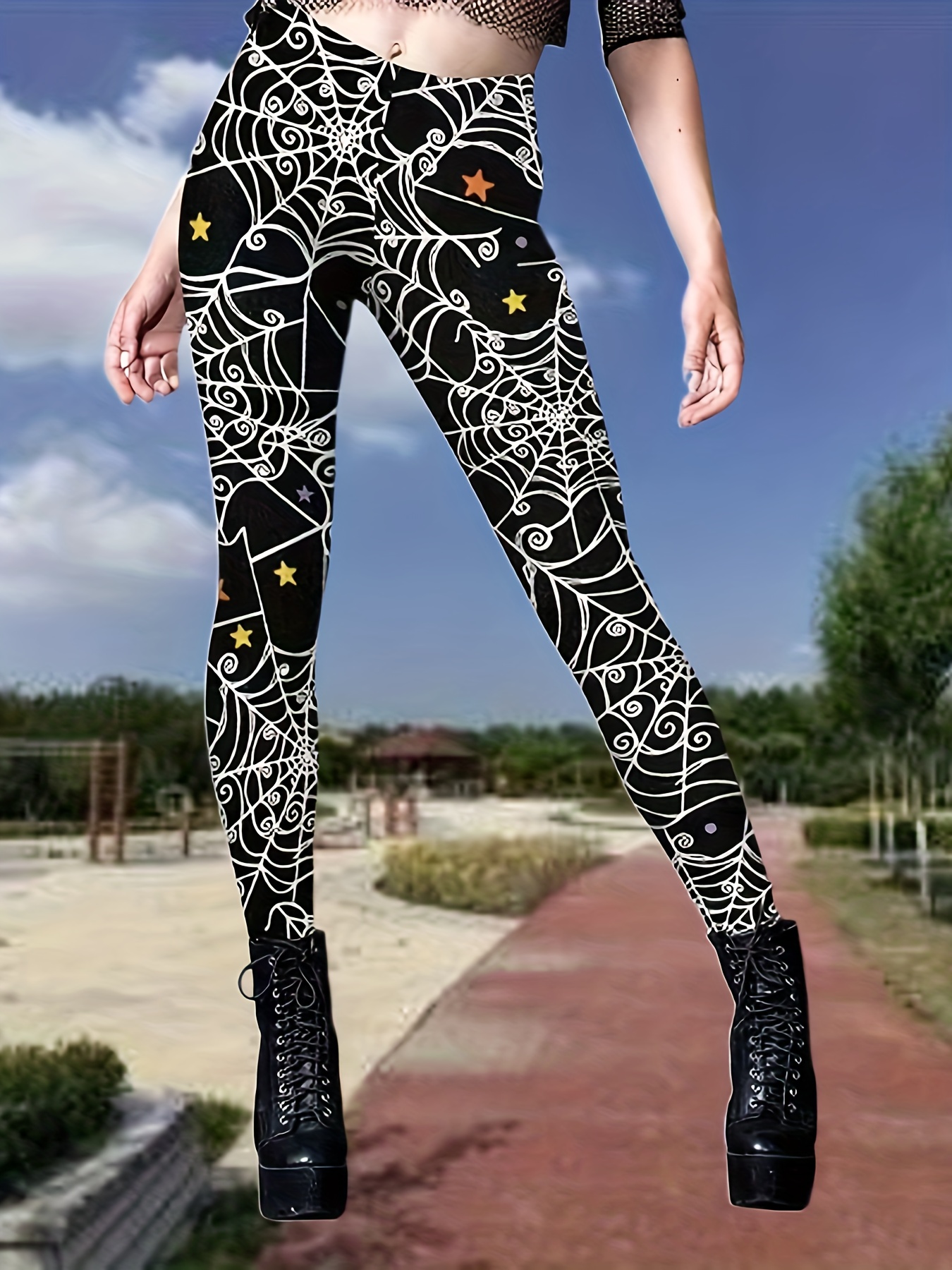 Halloween Cobweb Print Leggings Casual Skinny High Waist - Temu
