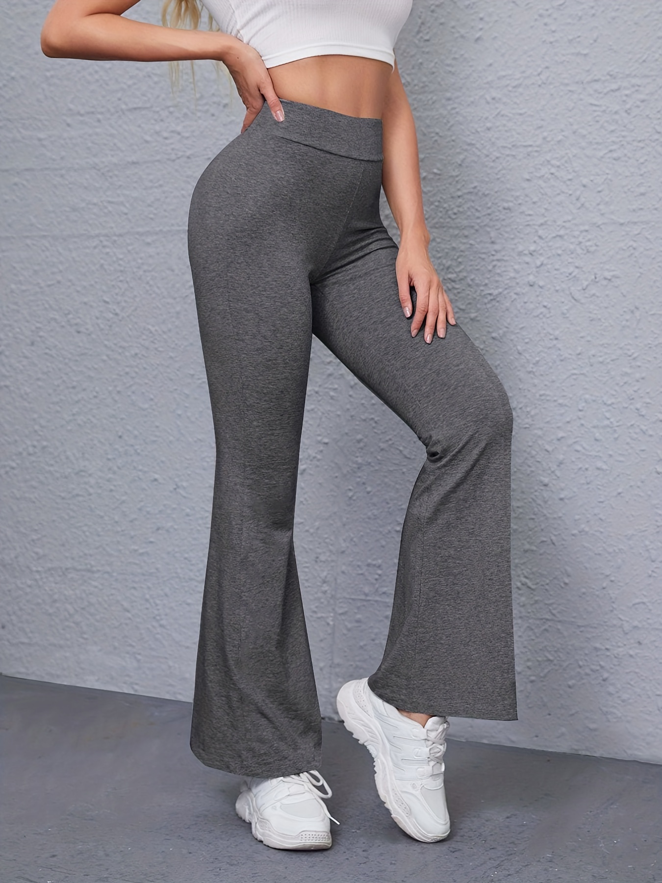 Solid Flared Leg Pants Casual High Waist Workout Simple Long - Temu