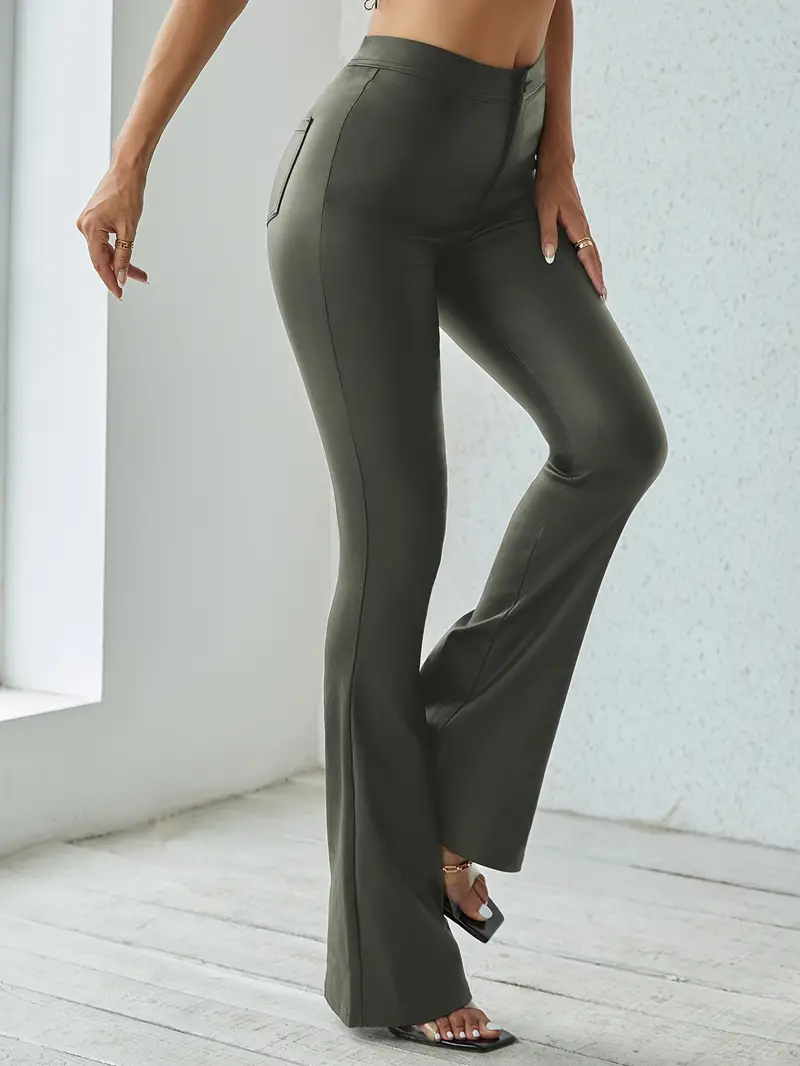 Khaki Vegan Leather Flare Pants  Flared pants outfit, Green flare