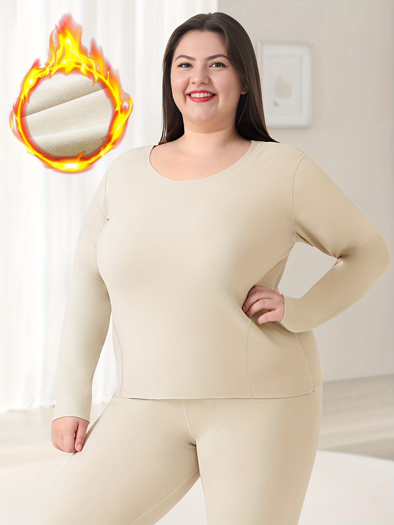Women's Simple Thermal Underwear, Plus Size Solid Fleece Lined Long Sleeve Base  Layer Top, Shop Now For Limited-time Deals