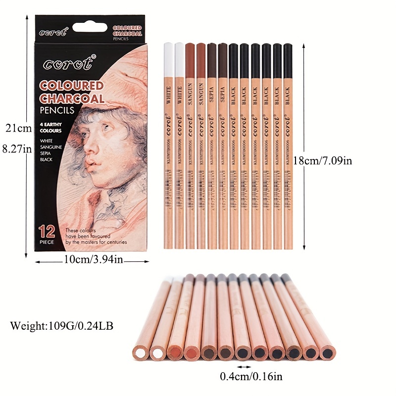 Corot 12pcs Coloured Charcoal Pencils ,4 Colors Painting Sketching Pencils,  Skin Tone For Begin Painter Or Artist