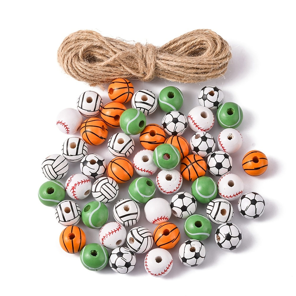 Sports Theme Loose Beads 50 Pcs 16mm Sports Ball Pattern Round Wooden Beads  For Jewelry Making Crafts DIY Beads With Hemp Rope