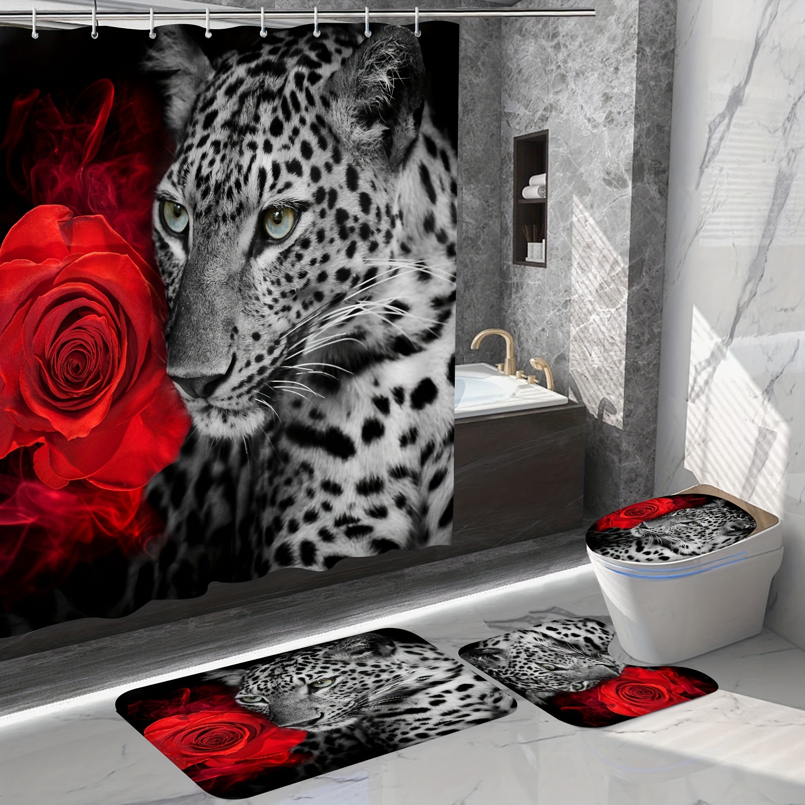 Red Rose Leopard Shower Curtain Set Bathroom Rug U shape Mat