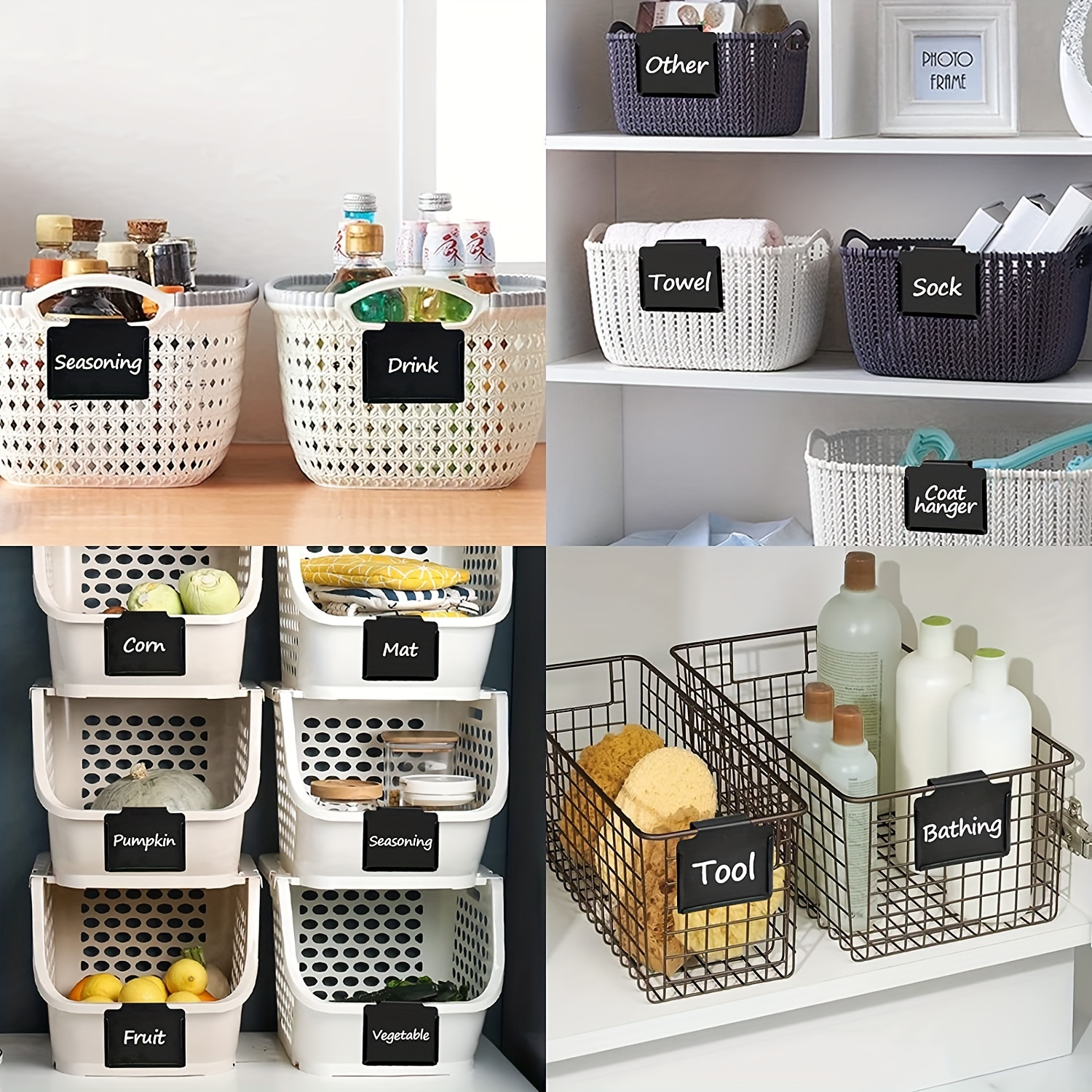 8 Pack Metal Pantry Baskets Labels Clip On for Storage Bins with 2 White  Chalk Markers, Organization and Storage Baskets Labels Clips, Kitchen Bins