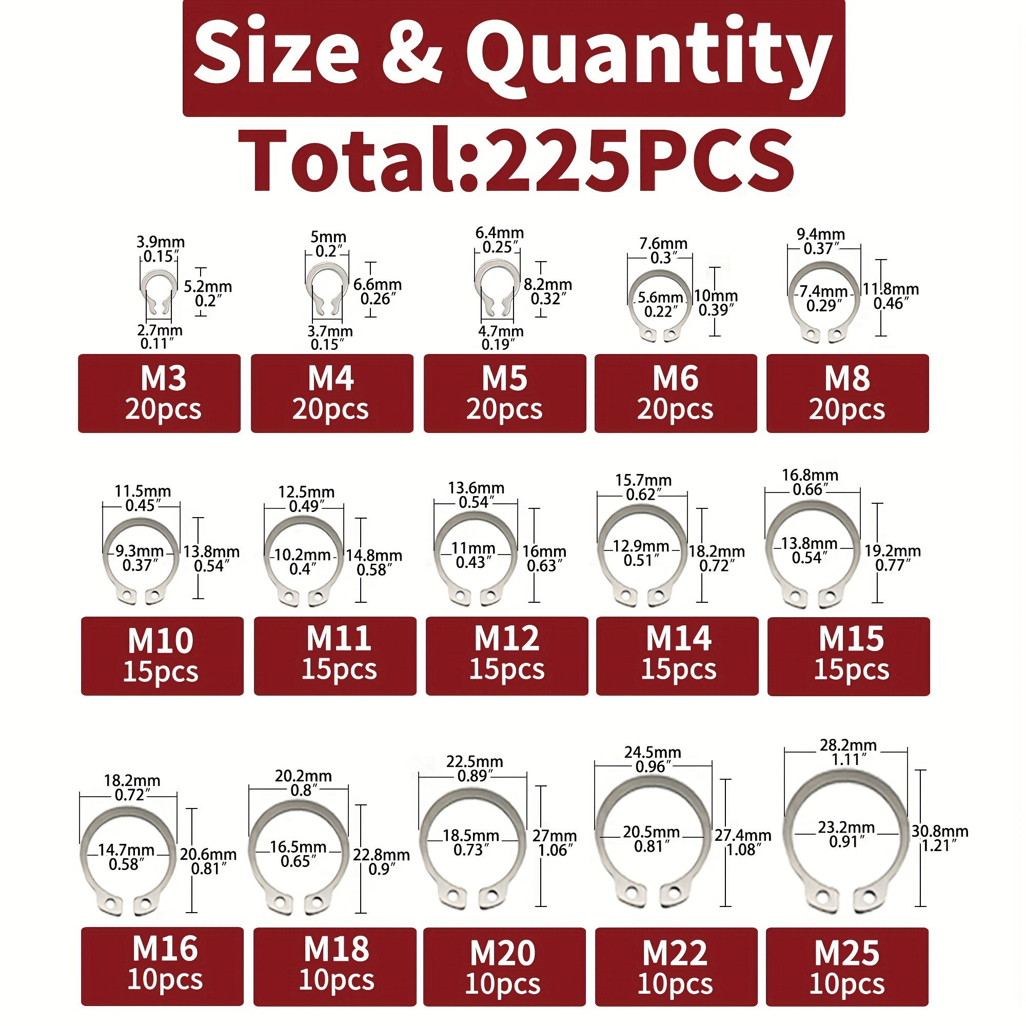conjunto de 225 piezas de anillos de retención externos c-clips en 15 tamaños de acero inoxidable 304 para ejes,   en kit de  -m25 detalles 1