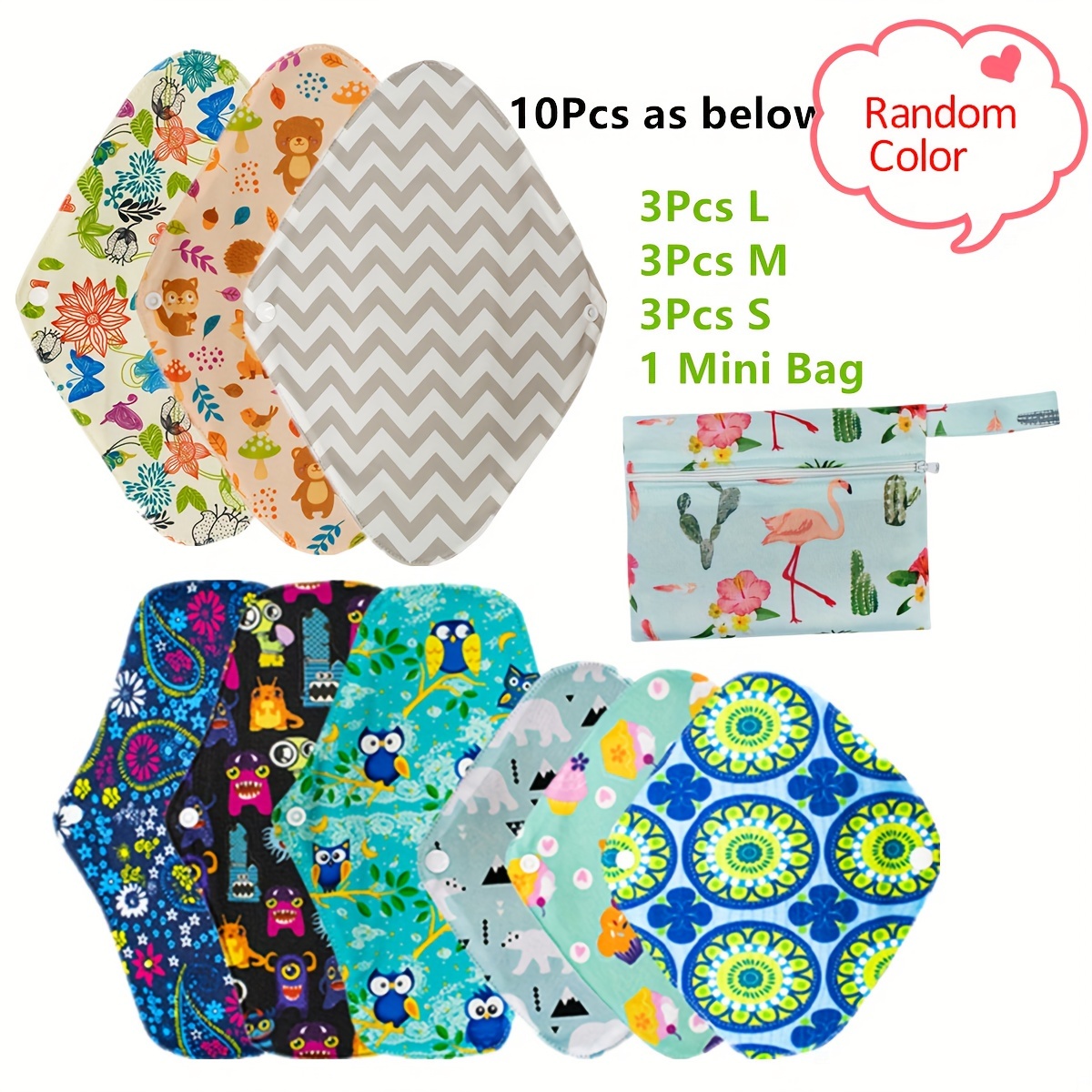 10pcs Sanitary Pad Reusable Washable Cloth Menstrual Pads Panty Liners  Charcoal Bamboo Pads Small M Large With 1pc Waterproof Mini Bag Random Color