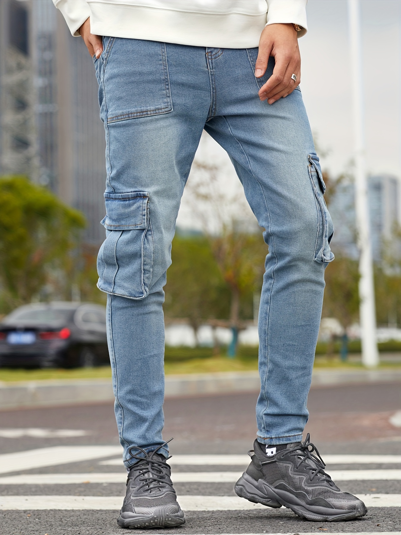 Washed Design Cargo Jeans, Men's Casual Street Style Slim Fit Mid
