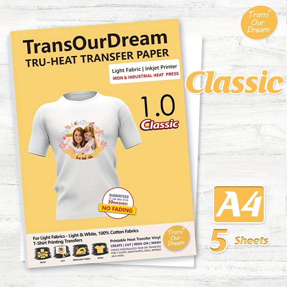 5pcs A4 TransOurDream Light Color 1.0 Inkjet Heat Transfer Paper