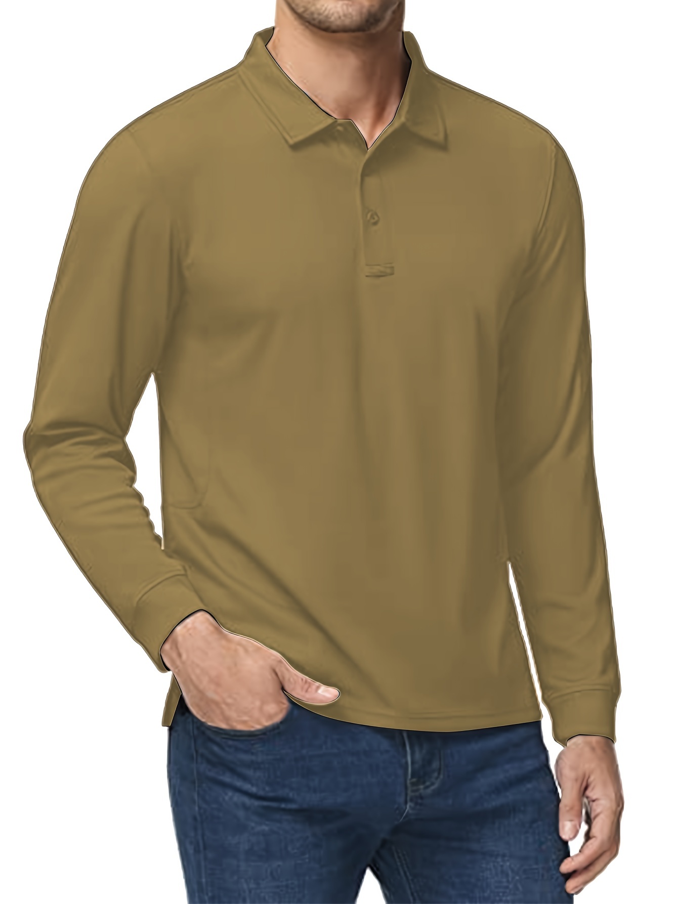 Mens Fashion Polo Shirt Casual V Neck Long-Sleeve Golf Shirt Slim