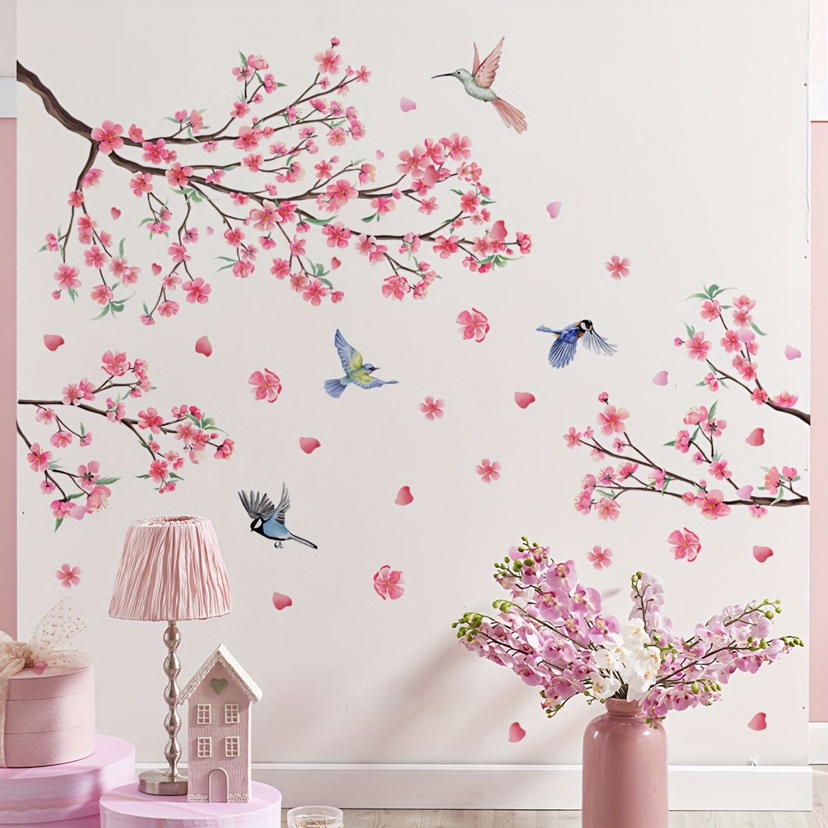 

2pcs Tree Branches Peach Blossom Bird Wall Stickers, Background Wall Living Room Bedroom Room Decorative Wall Stickers