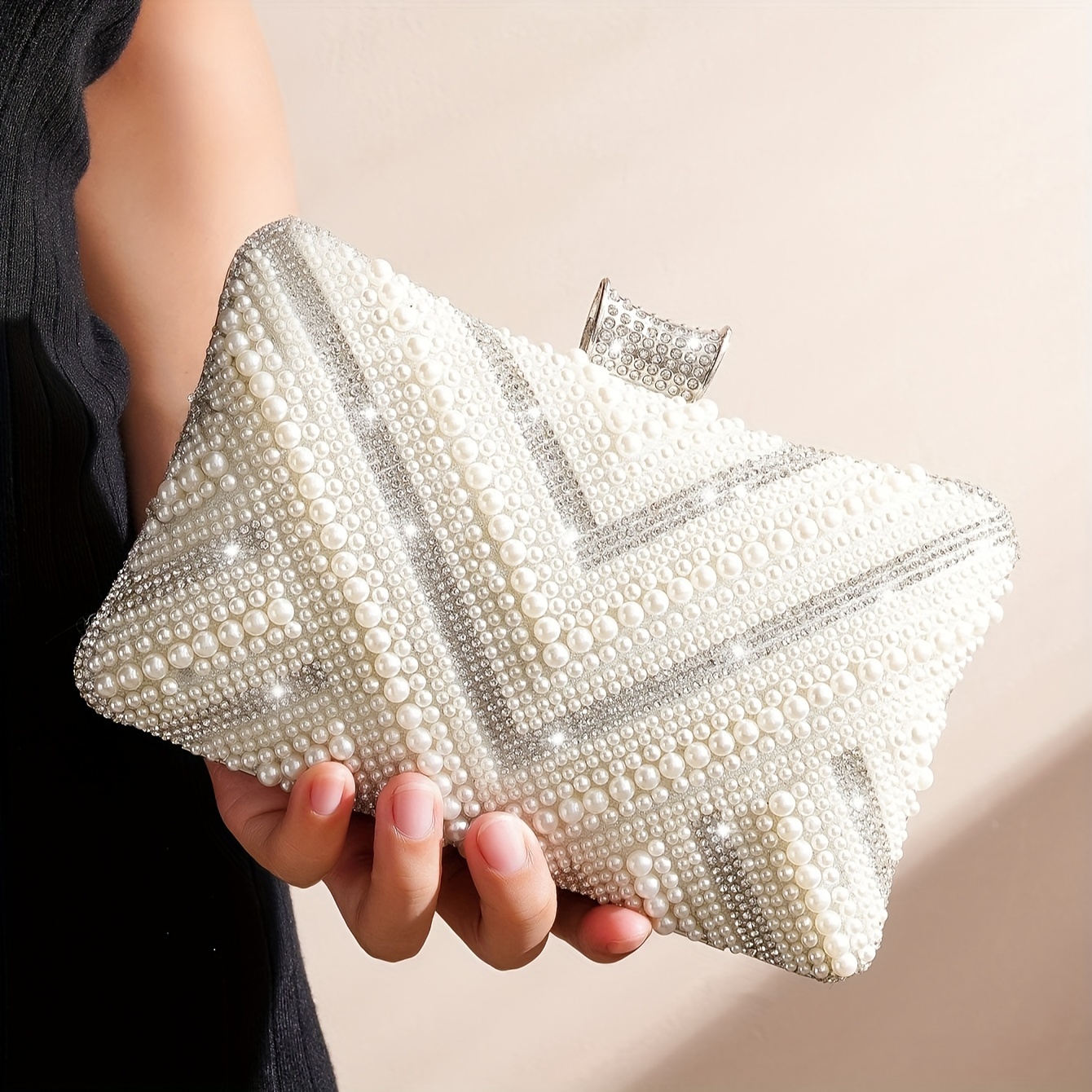 Glitter Ruched Evening Bag For Women, Faux Pearl Decor Clutch