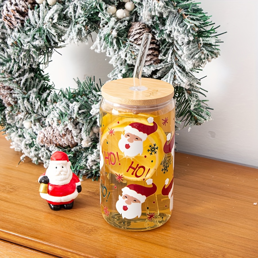 Ice Coffee Cup With Bamboo Lid And Glass Straw Santa Claus - Temu