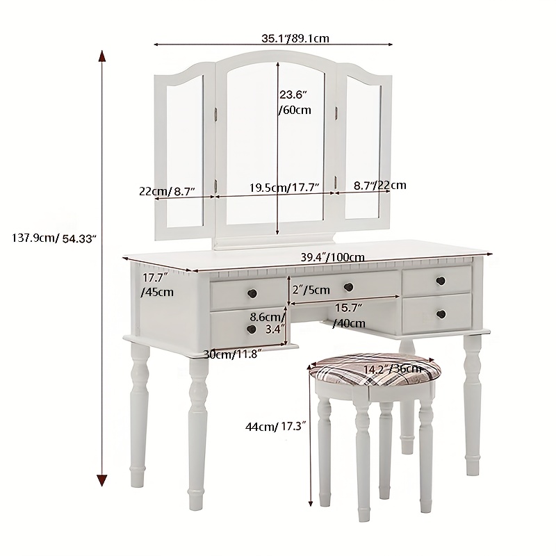 Juego de tocador con 5 cajones, mesa de maquillaje de espejo triple  plegable y taburete acolchado, tocador de maquillaje de madera para  dormitorio