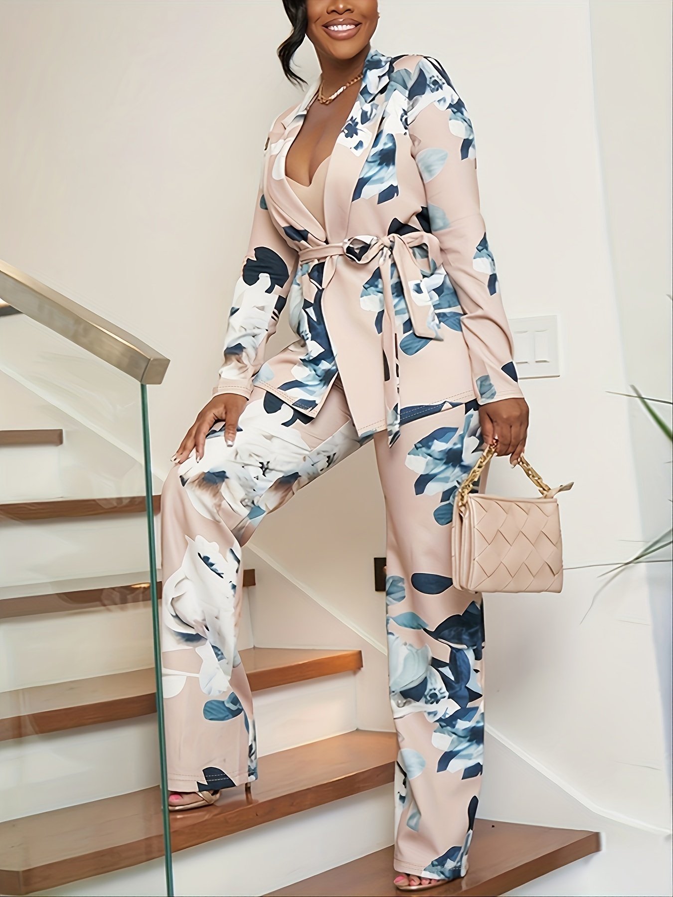 Floral Print Two-piece Set, Belted Lapel Long Sleeve Blazer & Straight Leg  Pants Outfits, Women's Clothing