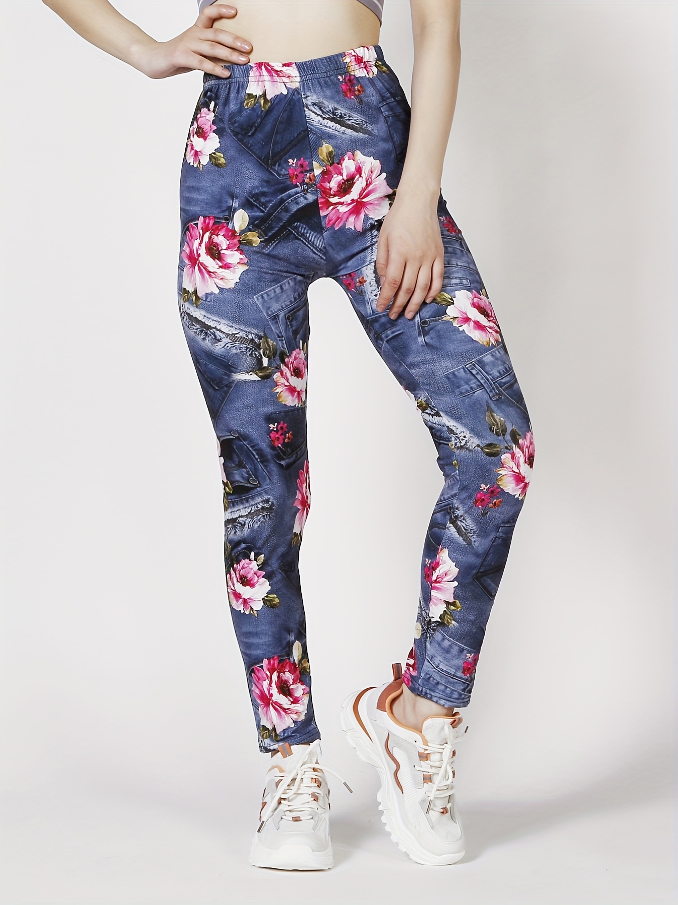 Floral Print Skinny Leggings Casual Every Day Stretchy - Temu