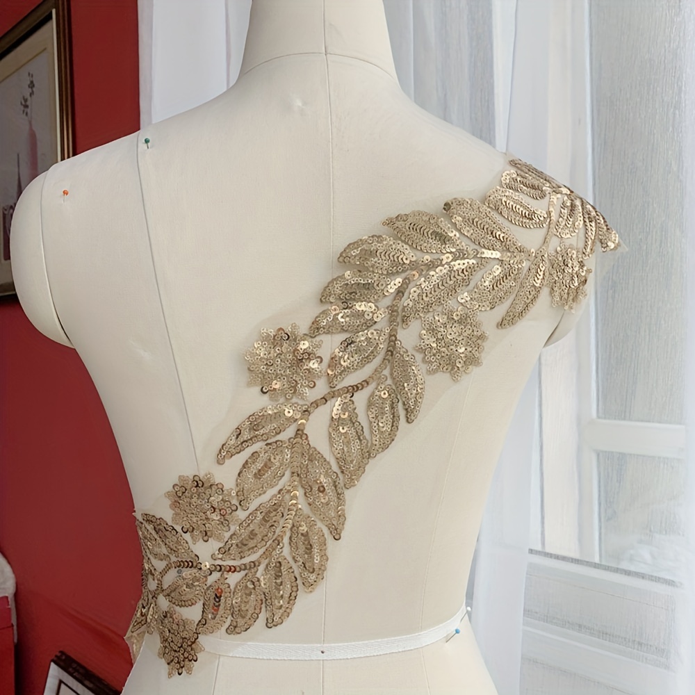 1 Piece Gold Floral Patches Appliques Wedding Dresses Costumes Beaded Patch  Sequined Sewing Crafting Applique Handcrafted