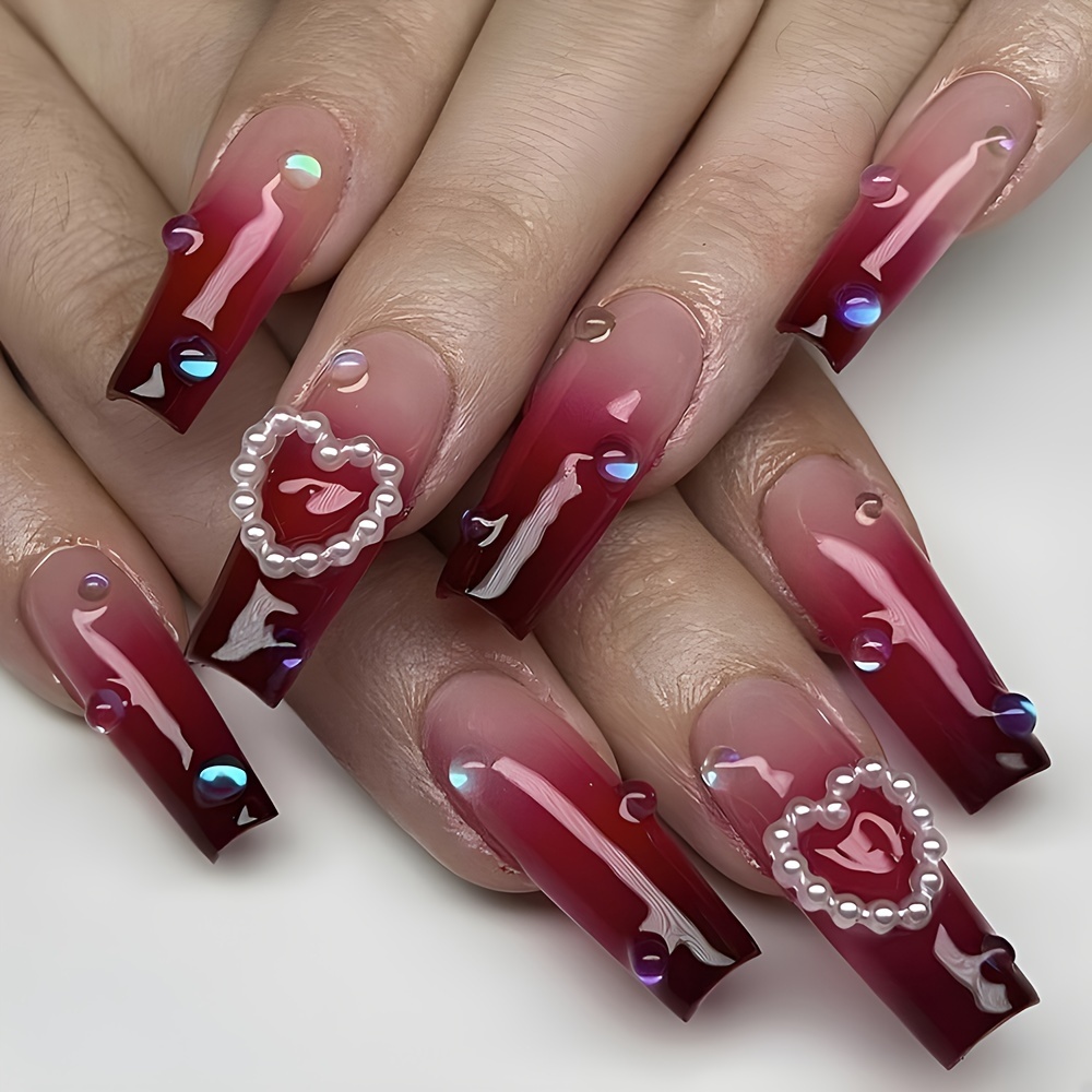 Red Glitter French Tip Nails Bling Nails Nude Nails Long Nails Glitter Nails  Valentine Nailsluxury Nails Red Nails Glam Nails 