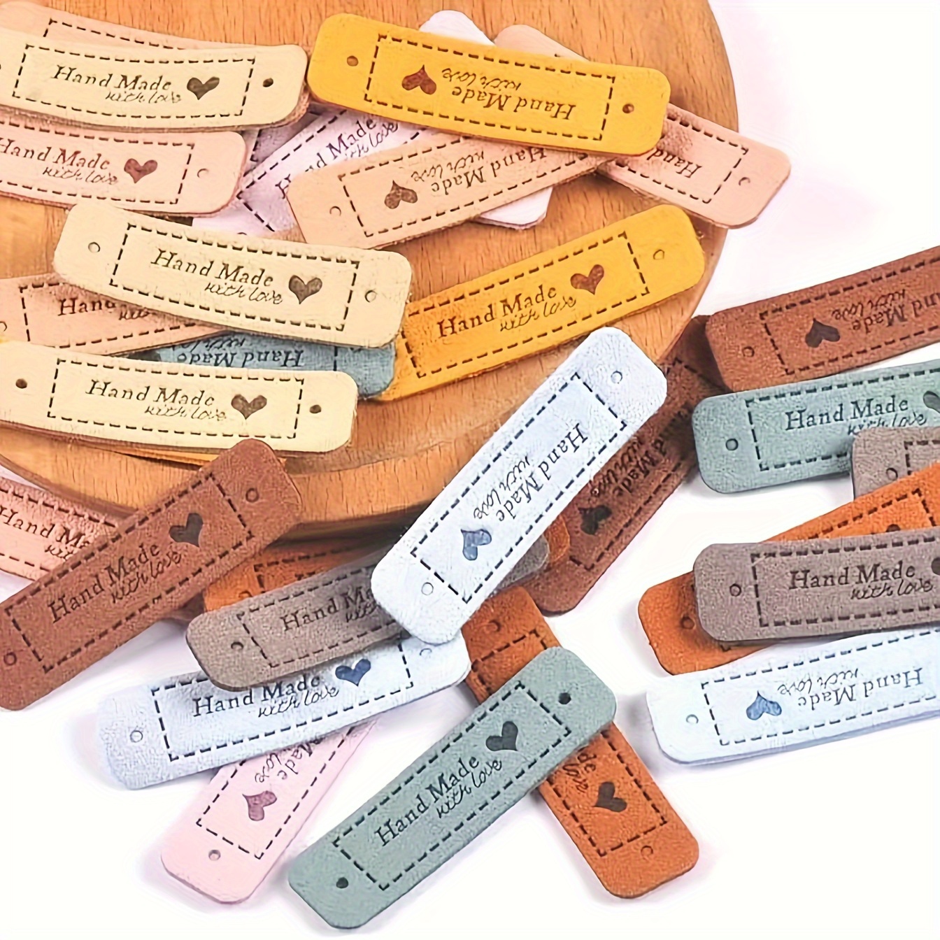  60 Pcs Handmade Leather Labels, Colorful Crochet Tags