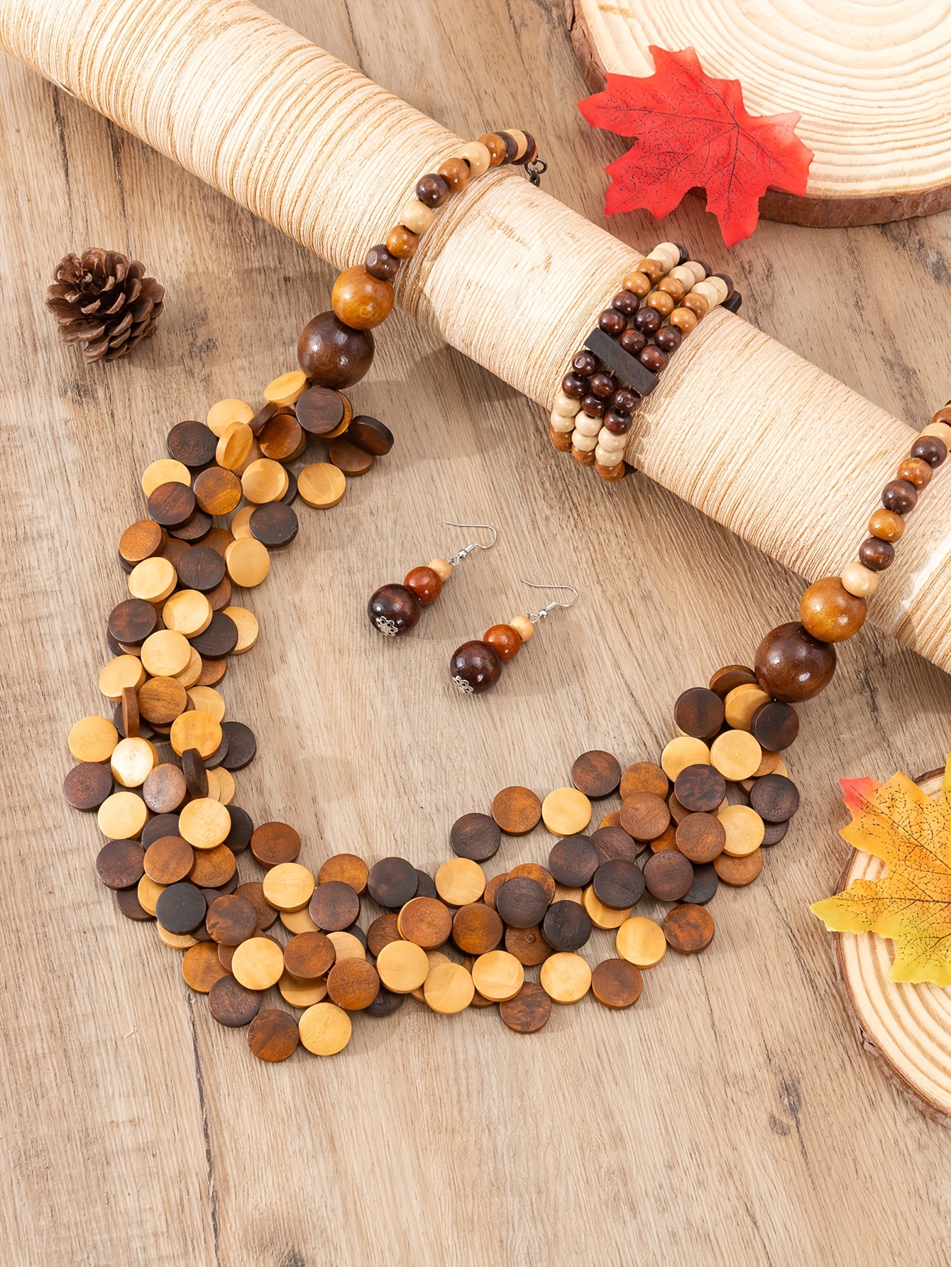 1 pair of earrings 1 necklace 1 bracelet boho style jewelry set made of wooden beads match daily outfits party decor details 0