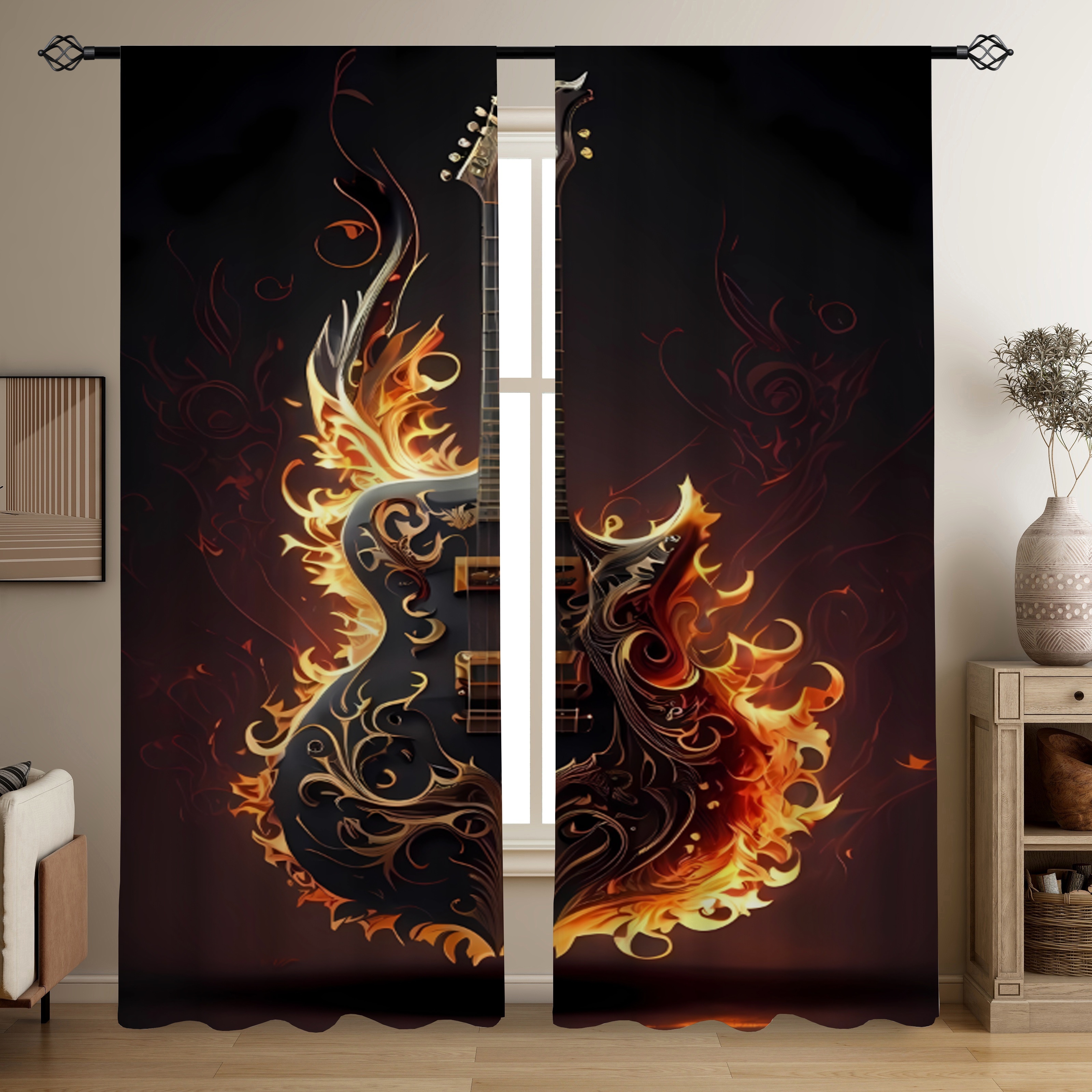 

2pcs, Music Festival Black Bottom Flame Guitar Print Translucent Curtains, Living Room Game Room Bedroom Multi-scene Polyester Rod Pocket Decorative Curtains Home Decor Party Supplies