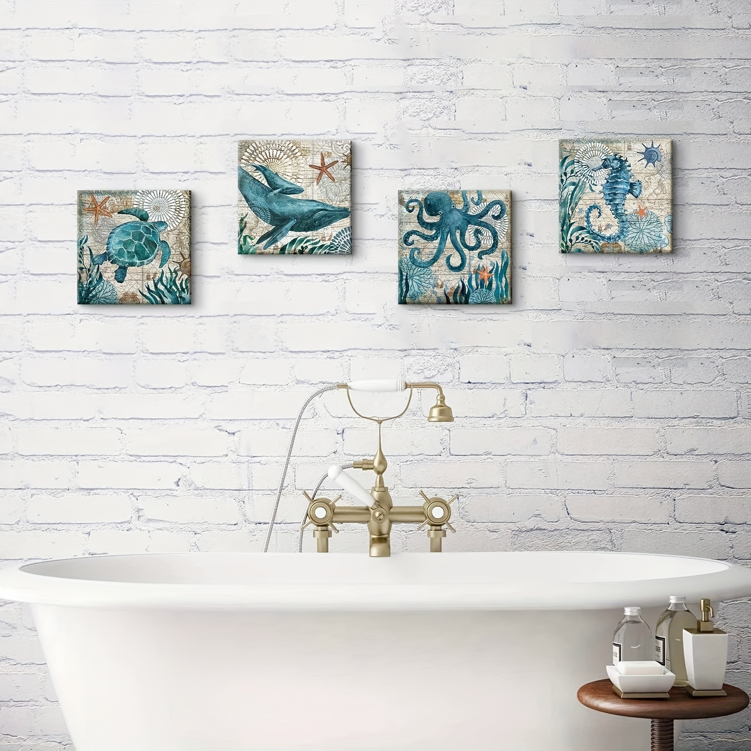  KALAWA Lienzo decorativo de pared para baño, cuadros de  decoración de pared azul y verde, cuadros vintage, impresiones hermosas  obras de arte enmarcadas listas para colgar, 12 x 12 pulgadas x