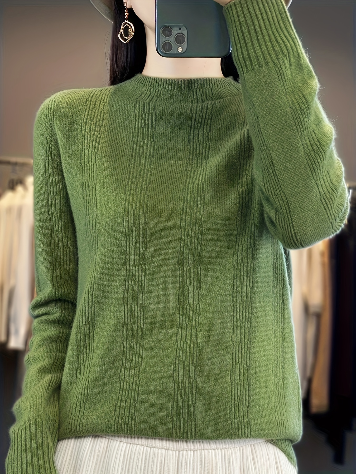 solid mock neck pullover sweater casual long sleeve inner wear sweater womens clothing olive green 0