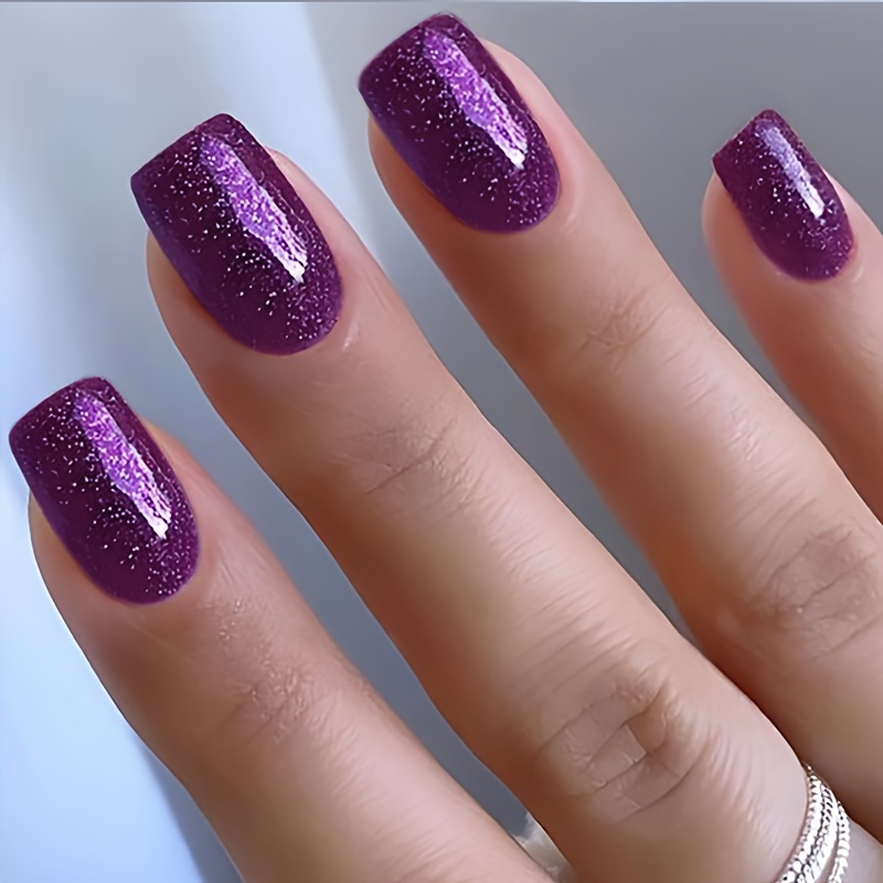 24pcs press on nails square   nails black glitter acrylic nails short   nails full coverage artificial nails stick on nails     on nails perfect gift for girls purple 13