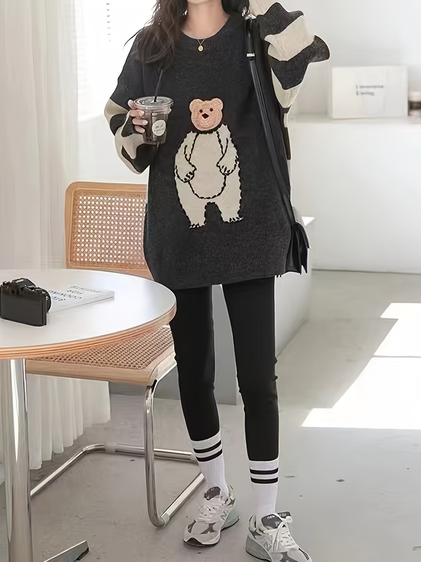 Cute Bear Graphic Long Sleeve Sweater Color Block Casual - Temu