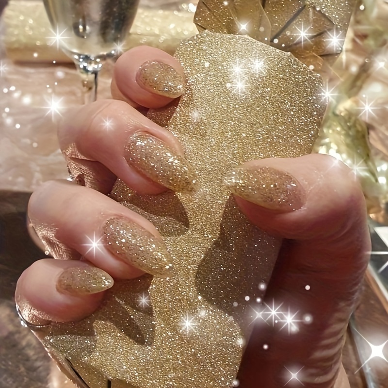 24pcs mid length almond shape press on nails fake nail with glitter powder decor glitter full cover nails for women details 2