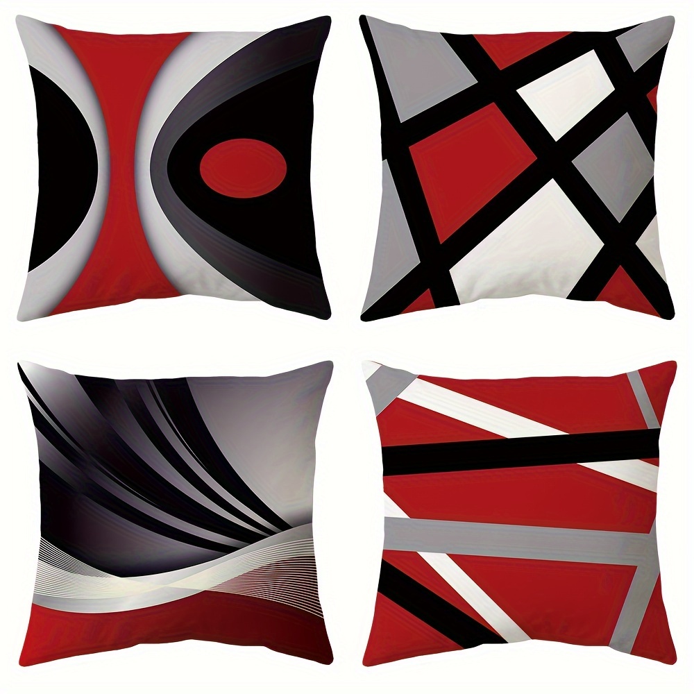 TEMU 4pcs Set Modern Abstract Throw Pillow Covers - Double-sided, Red & Grey Designs, 18x18 Inch Square, Zip Closure, Machine Washable Polyester For Home Decor
