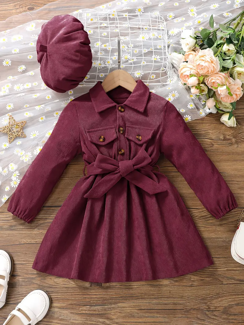 girls casual dress corduroy button front collar neck dresses with belt and hat set trendy kids autumn outfit details 22