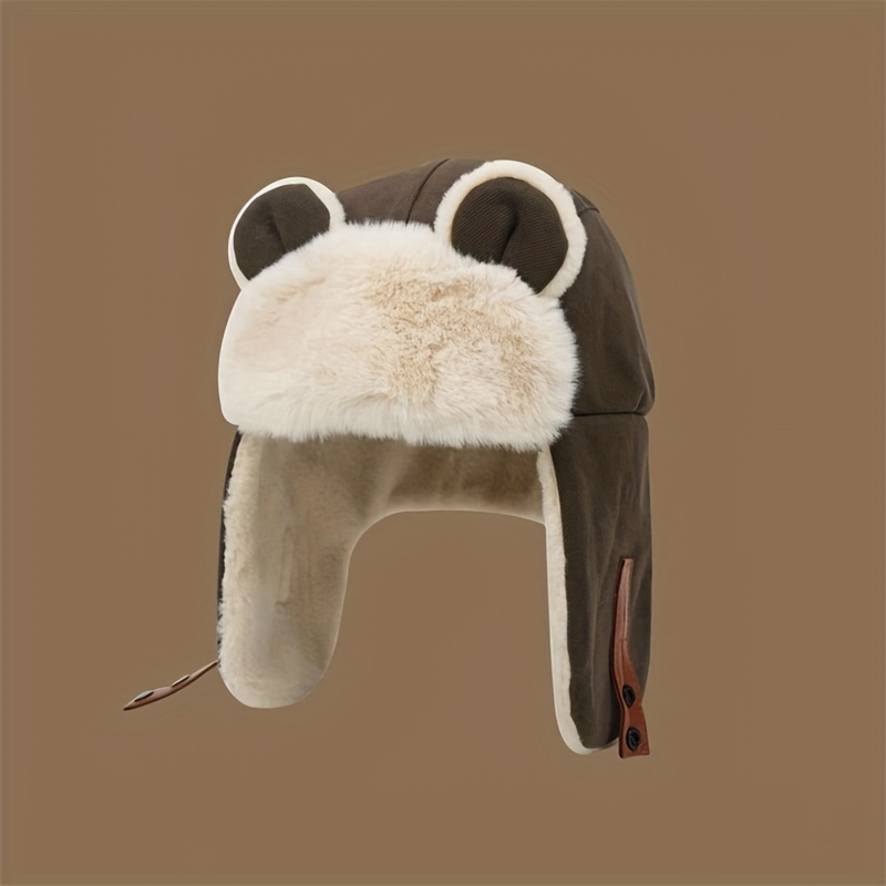 Cute Bear Ears Bomber Hat Thick Furry Coldproof Hats - Temu