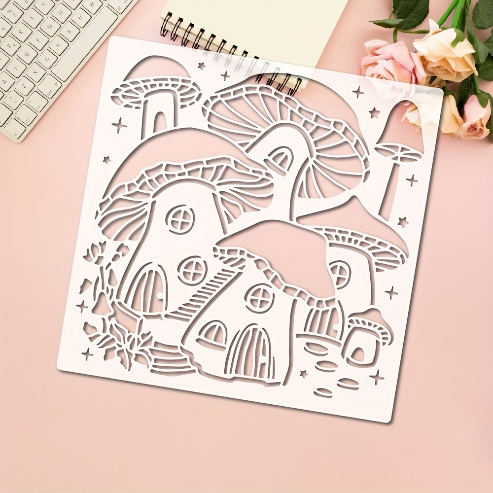 Mushroom Genie Drawing Painting Stencils Templates (11.8x11.8 inch) Plastic  Square Reusable Stencils for Painting on Wood Floor Tile Wall and Fabric 