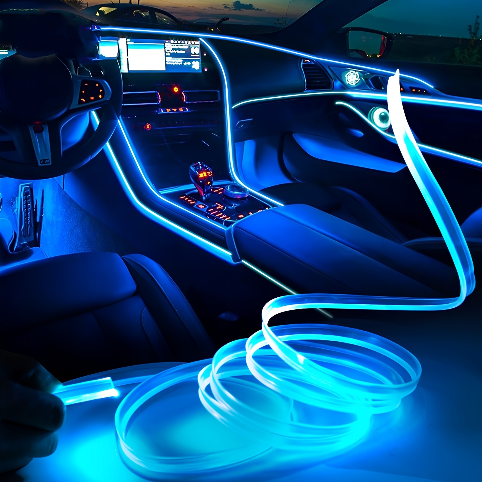 Tira de luces LED para interiores de automóvil con aplicación inalámbrica y  control remoto, kits de iluminación ambiental RGB 5 en 1 con fibra óptica