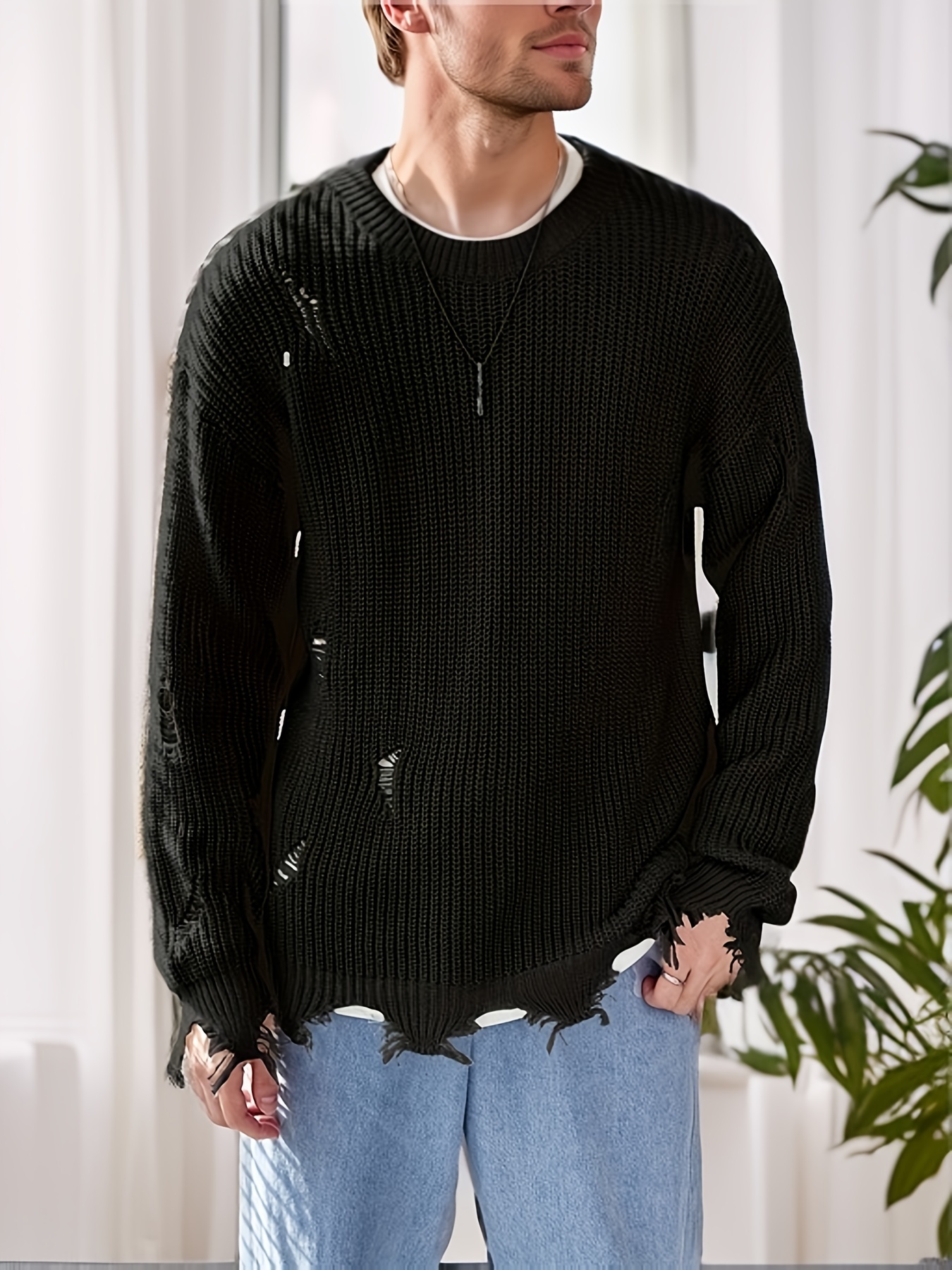 Automne Hiver Pull Pull Homme Pull En Tricot Déchiré Col - Temu Canada