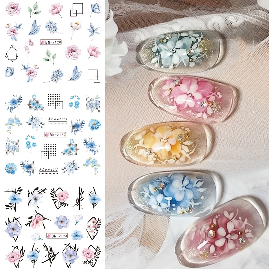 3D Flower Leaf Nail Stickers Glitter Painted Colorful Slider