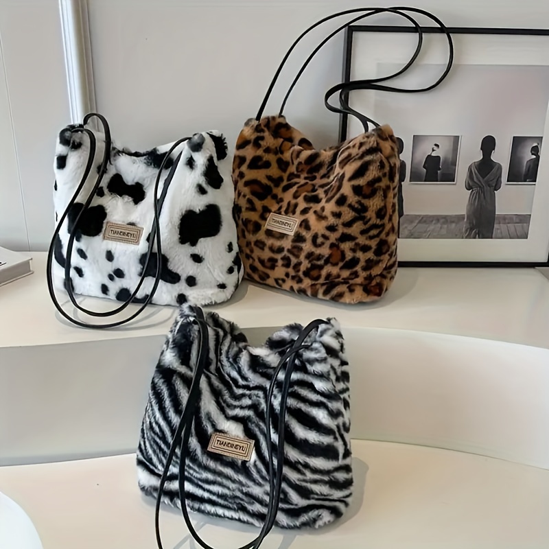 Trendy Leopard Fuzzy Tote Bag Retro Shoulder Bag Women s Temu