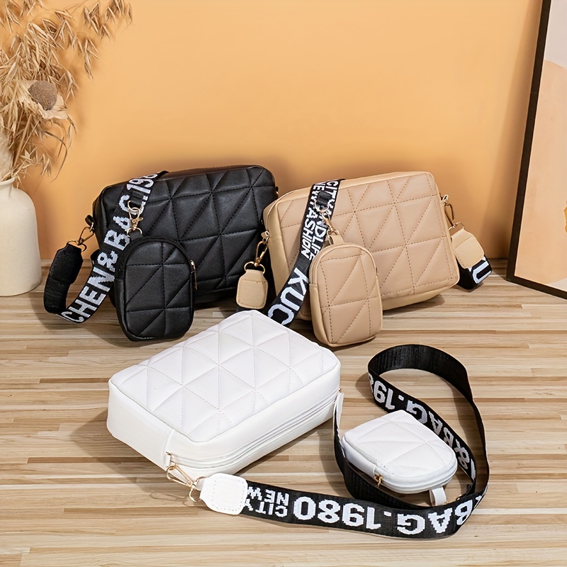 2pcs Argyle Quilted Crossbody Bag Set, Wide Strap Square Shoulder Bag, Simple Phone Bag with Coin Purse,Argyle,$7.99,White,Women Purses,Temu