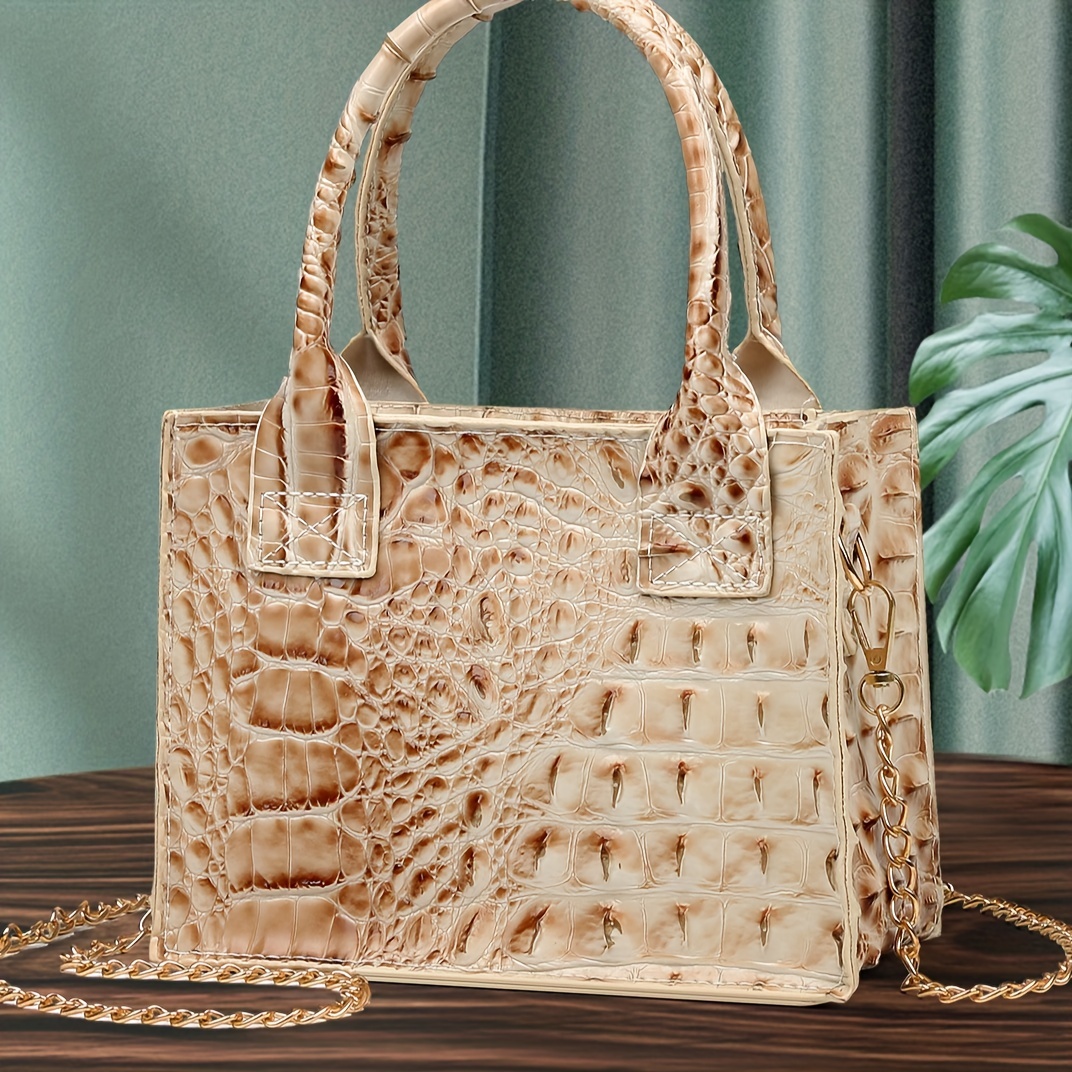 Square Embossed Pattern Tote Bags, Faux Leather Golden Chain Straps Handbag,  Women's Bags - Temu