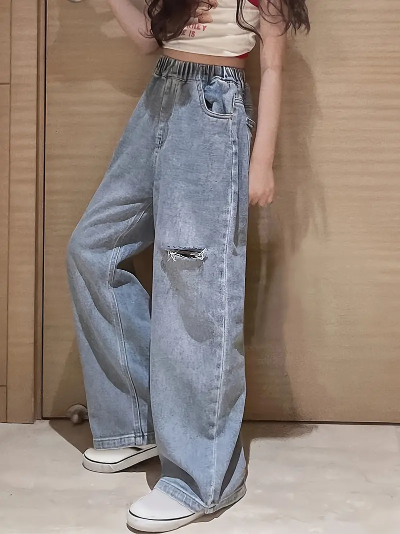 Baggy Denim Jeans Girls Loose Fit Ripped Wide Leg Denim - Temu