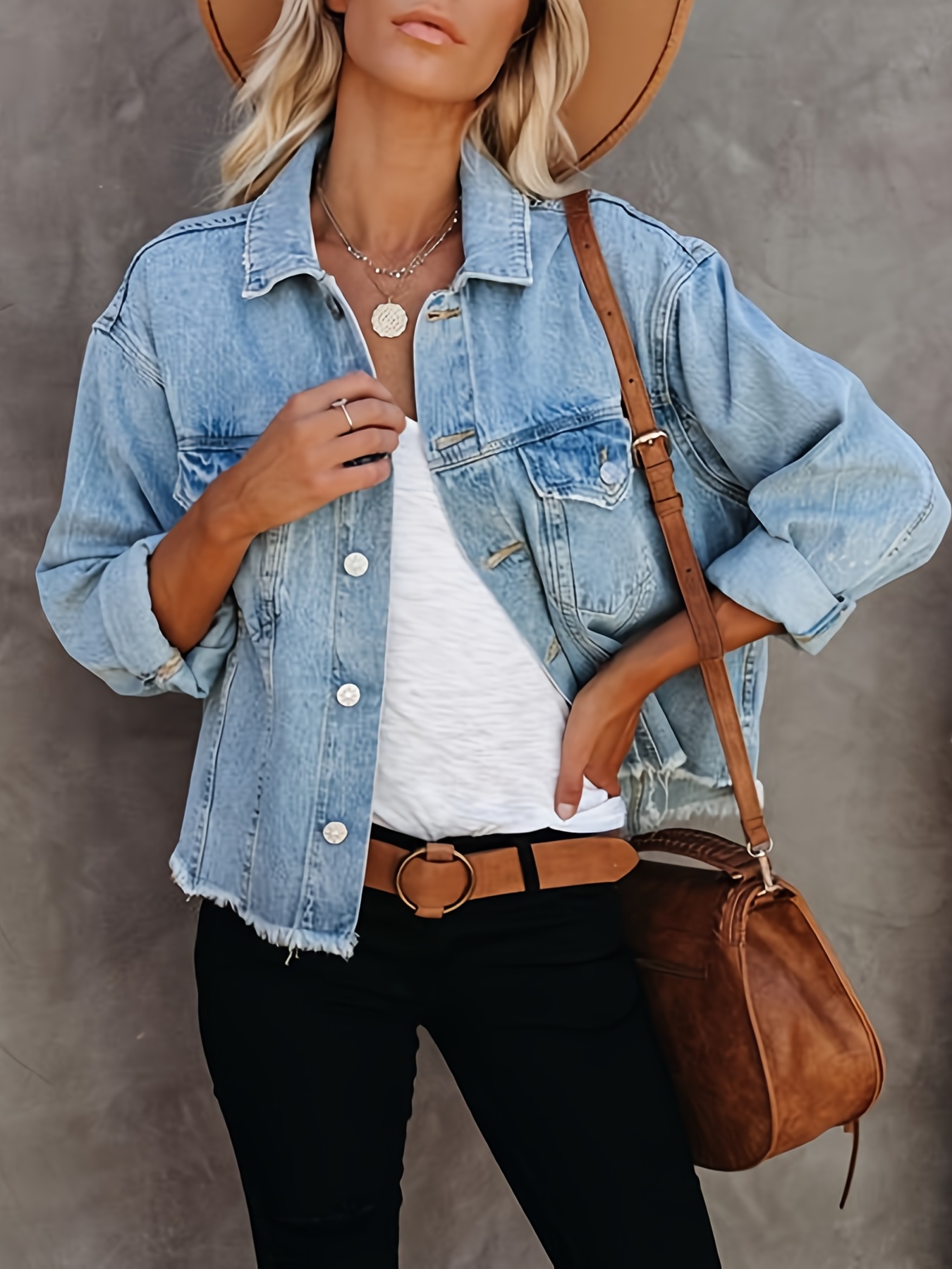 Oversized Distressed Flap Pockets Denim Jacket, Ripped Deco Long Sleeve  Butt Cover Denim Coat, Women's Denim Jackets & Coats, Women's Clothing